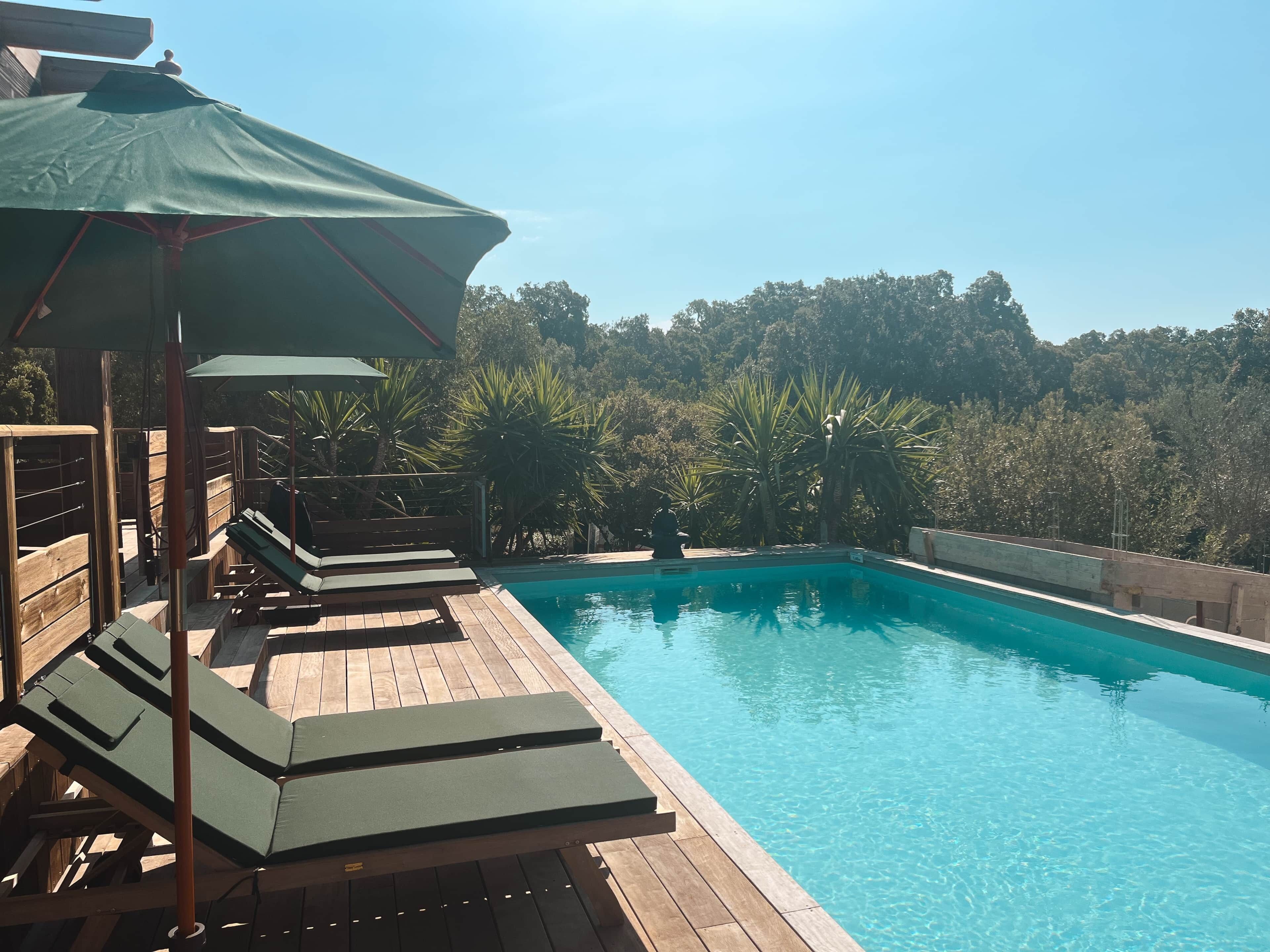 Una piscina con terrazza in legno e poltrone relax, circondata da alberi.