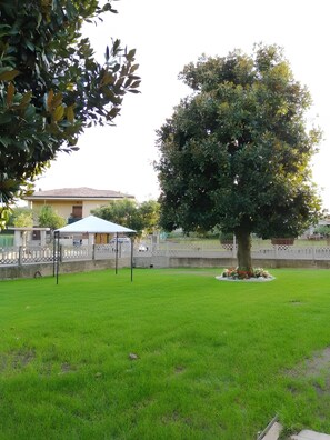 A grassy area with a tree, a white tent, and a building in the background.