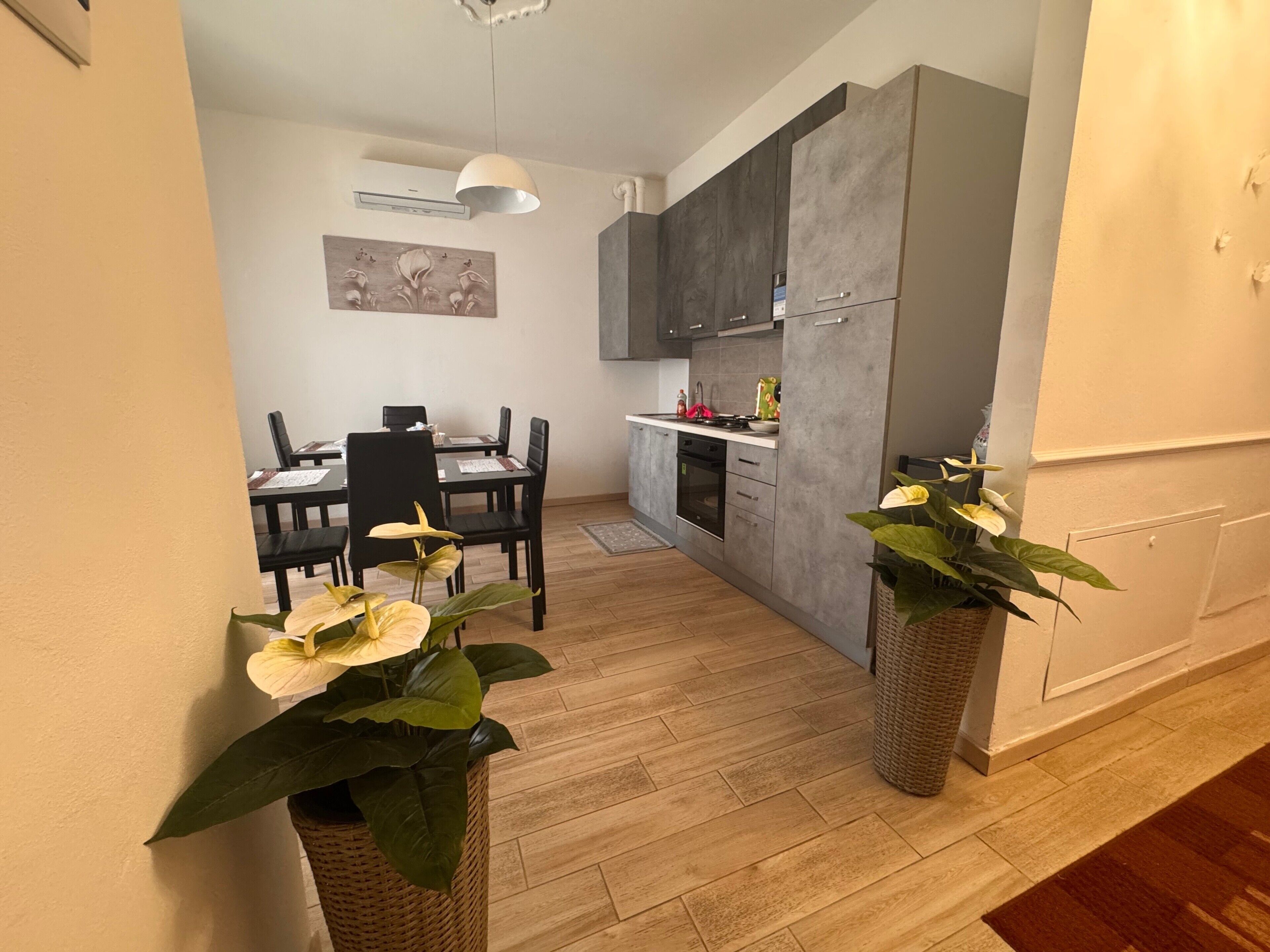 Een moderne keuken met grijze kastjes, een eethoek met zwarte stoelen en twee potplanten.