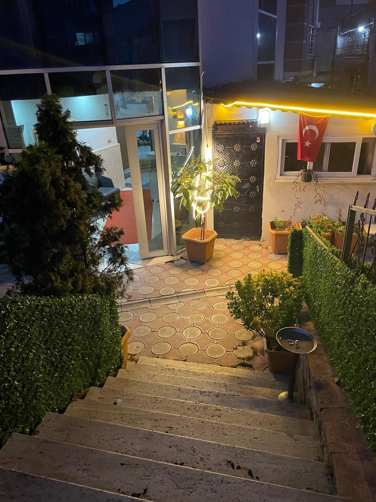 A staircase leading to a building entrance with potted plants and a flag.