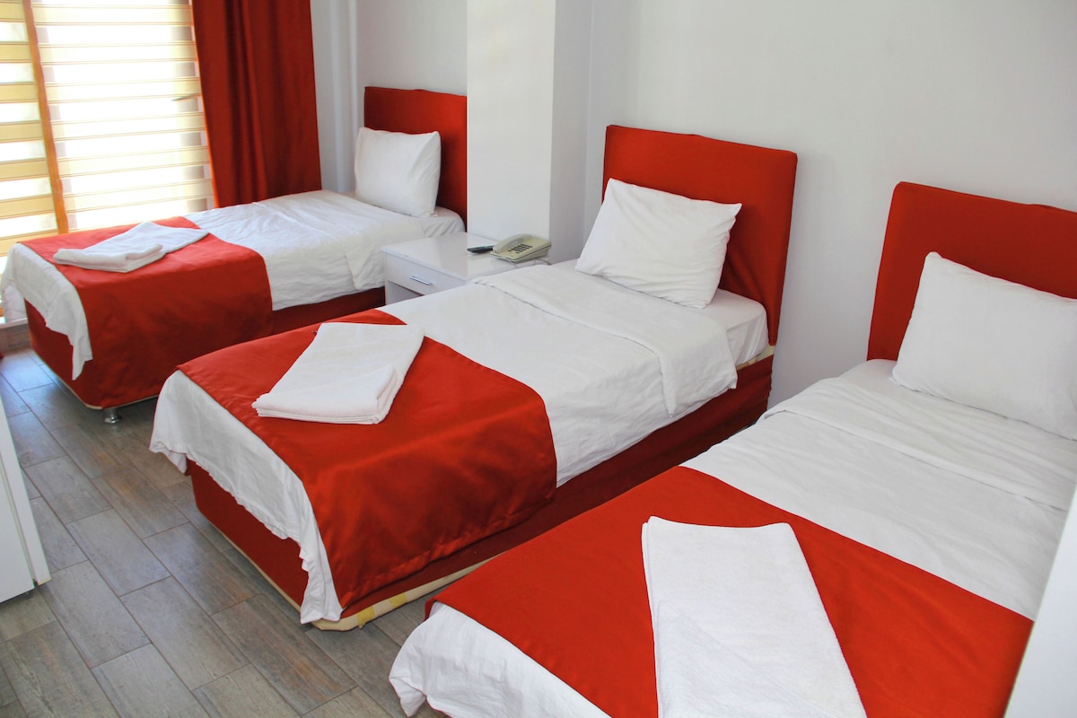 A hotel room with two single beds, each with a red headboard and white bedding. There is a bedside table with a phone and a lamp.