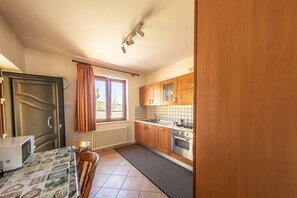 A compact kitchen with wooden cabinets, a built-in oven, and a window with curtains.