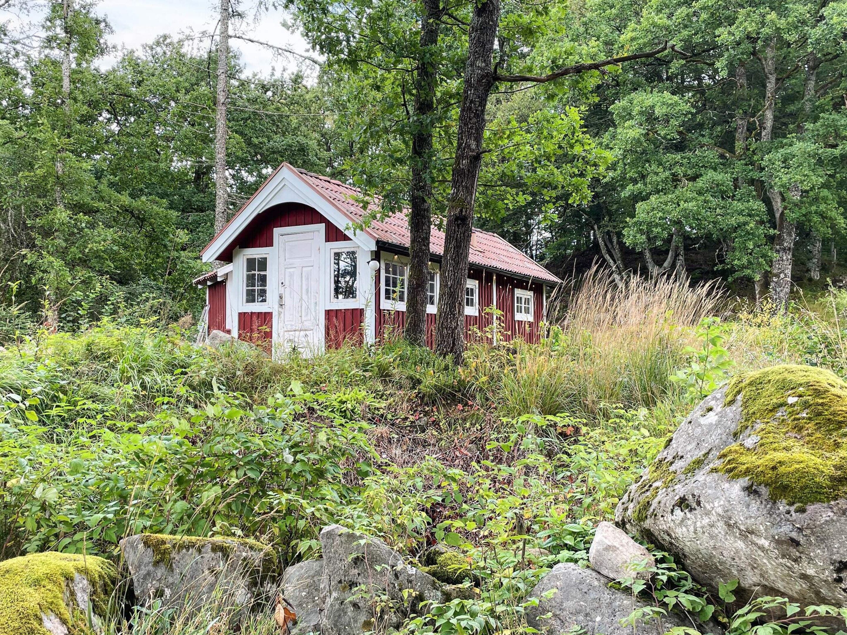 A red wooden cabin surrounded by dense forest.