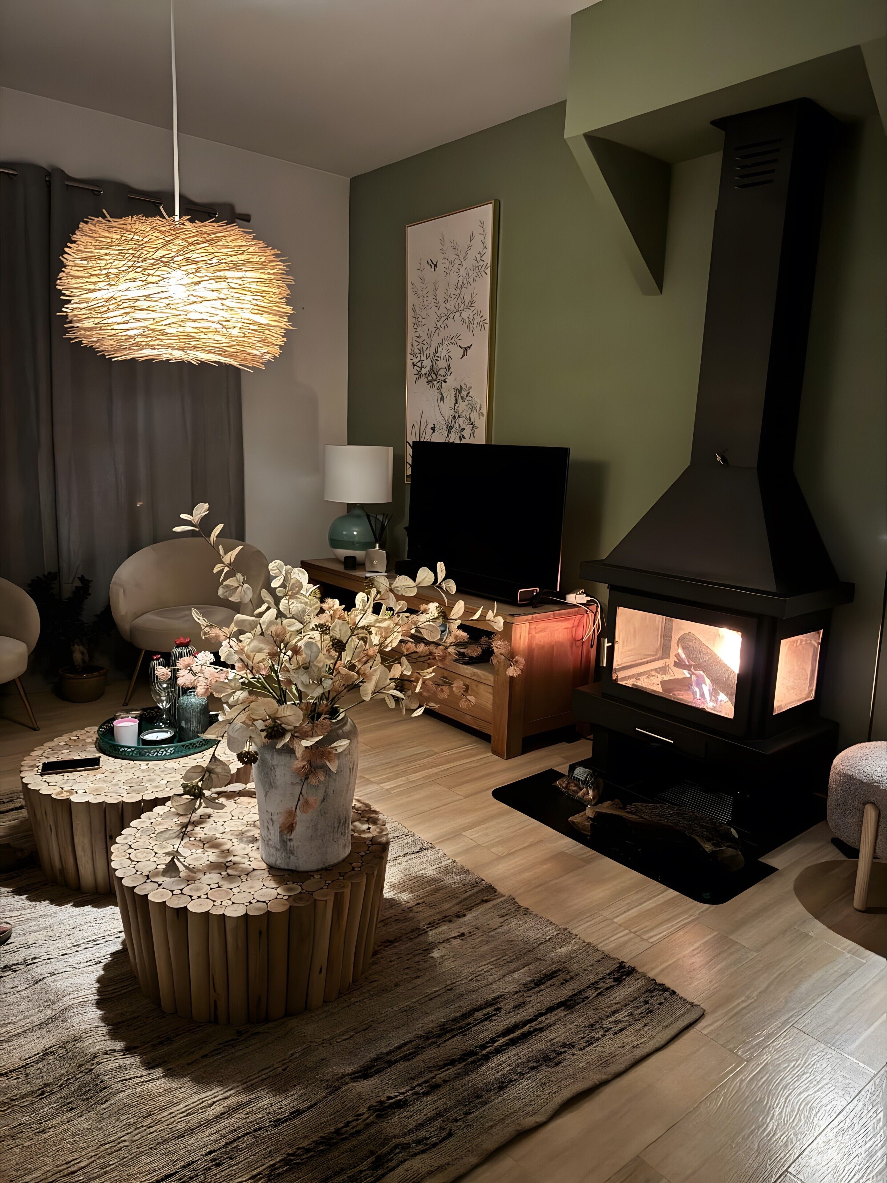 Una sala de estar con chimenea moderna, televisor y un jarrón decorativo con flores.