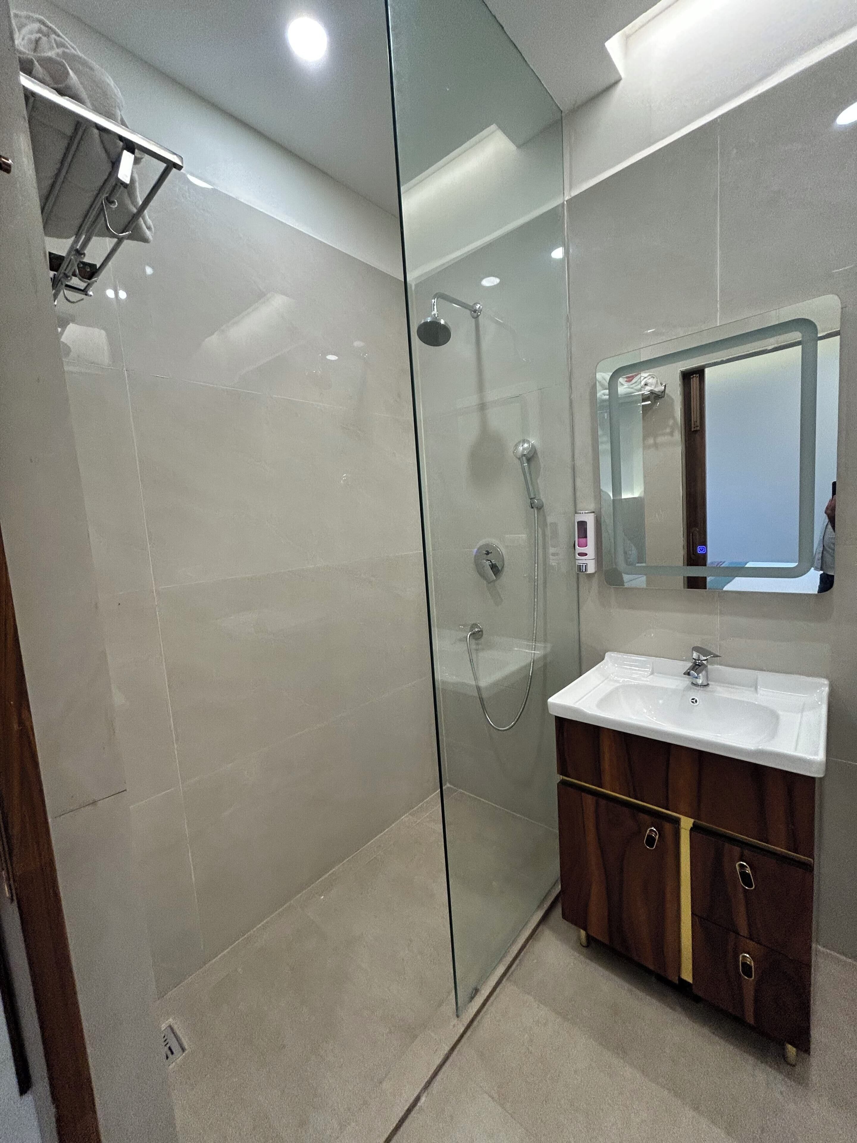A modern bathroom with a glass-enclosed shower, a white sink, and a mirror above it.