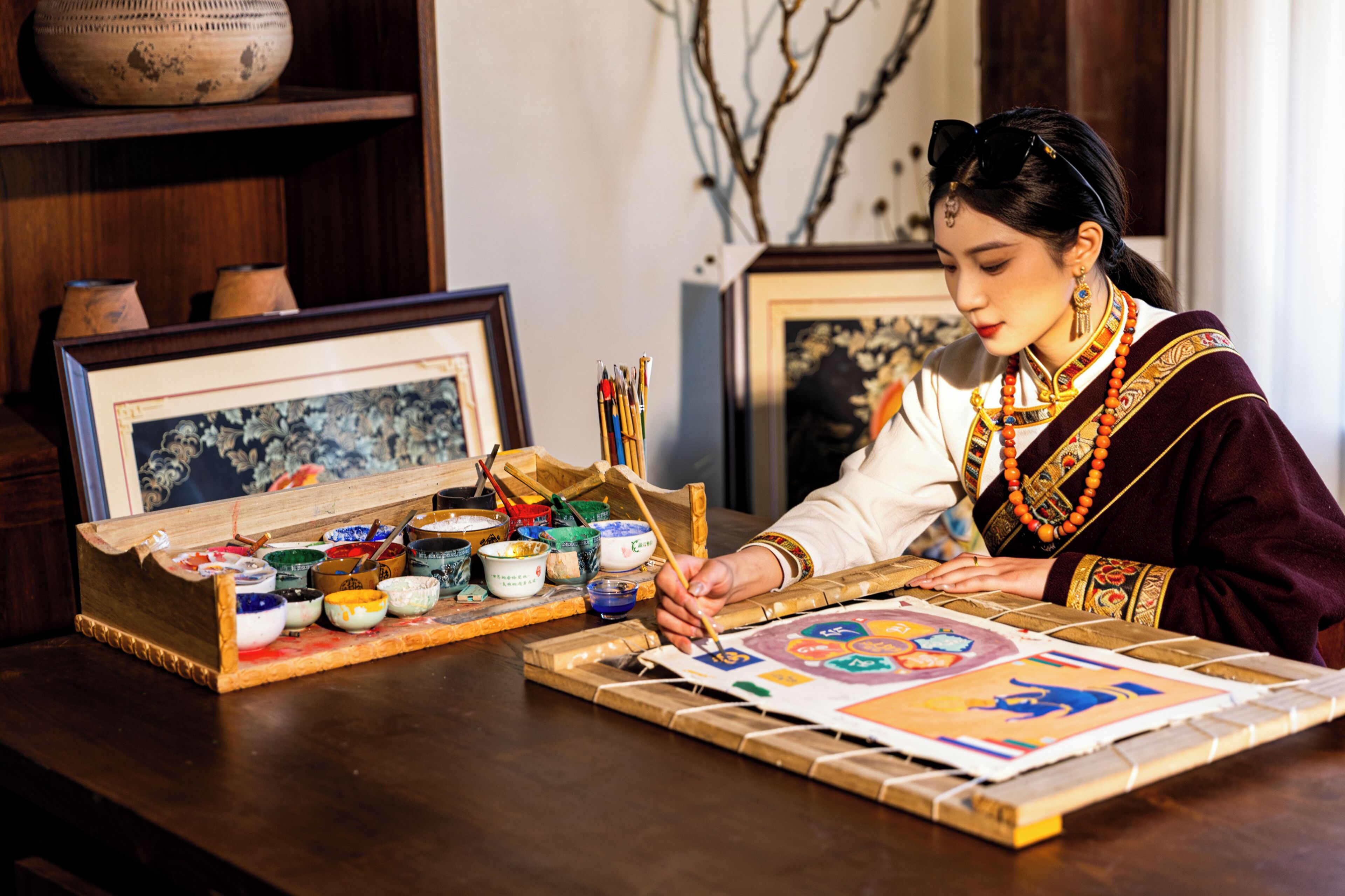 Una persona pinta sobre una tabla de madera con pinturas y pinceles de distintos colores sobre la mesa.