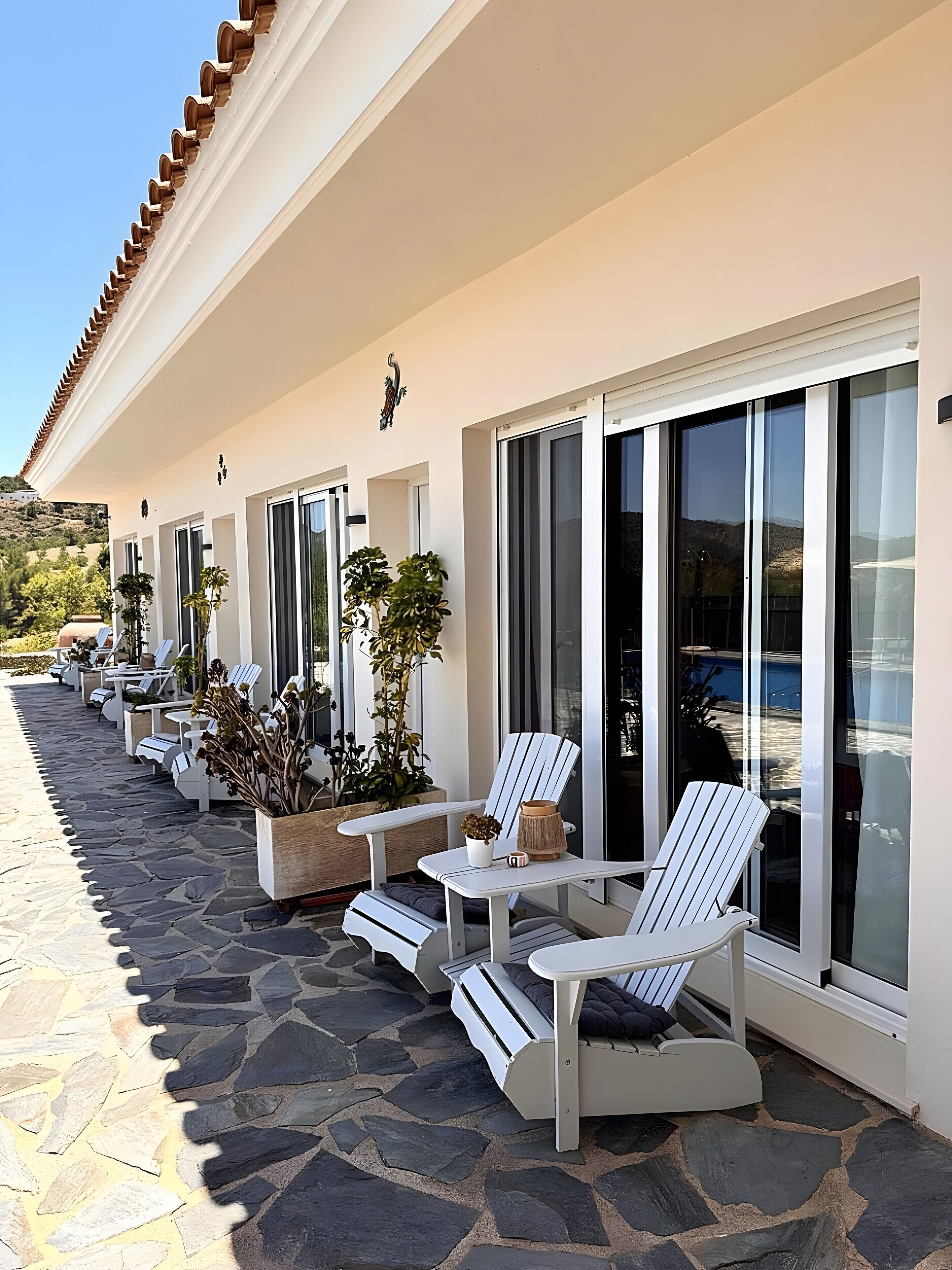 A hotel exterior with a row of sun loungers, potted plants, and a stone-paved walkway.