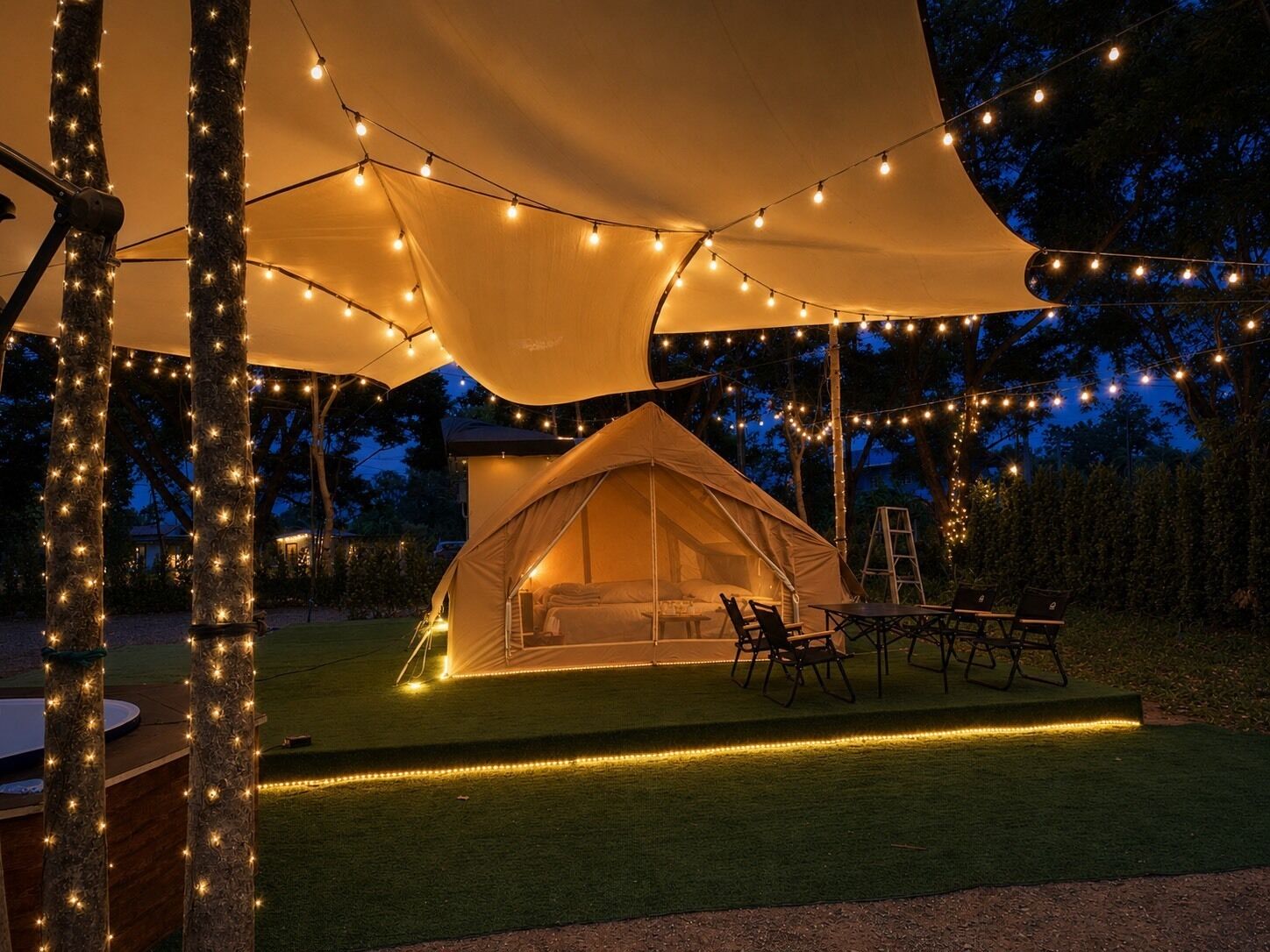 Une tente avec une table et des chaises à l’extérieur, installée pour le soir, et entourée de guirlandes lumineuses.