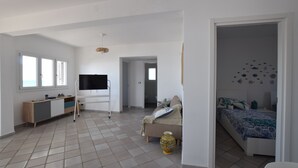 A spacious living area with a TV, a sofa, a bed, and a dining table.