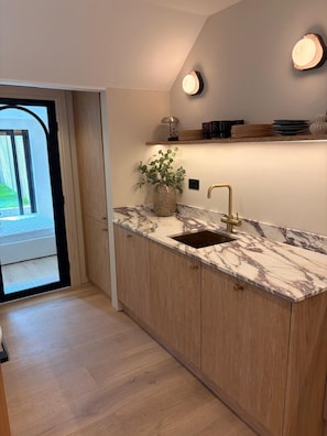 A modern kitchen with a marble countertop, a gold faucet, and a potted plant. - Hackney Garden Apartment (London)