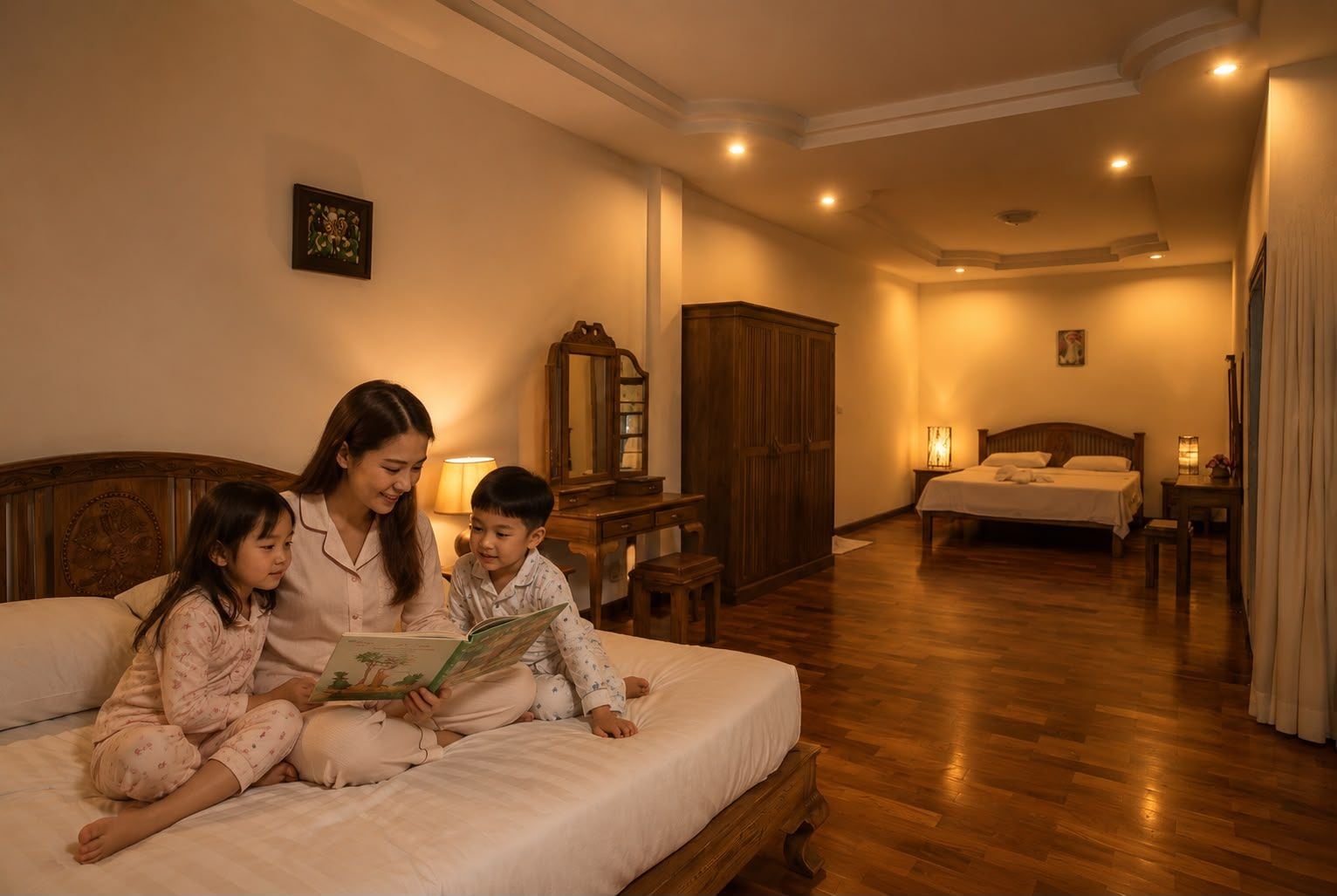 Un dormitorio con una cama grande, una cama más pequeña, un armario de madera y una mesita de noche con lámpara.