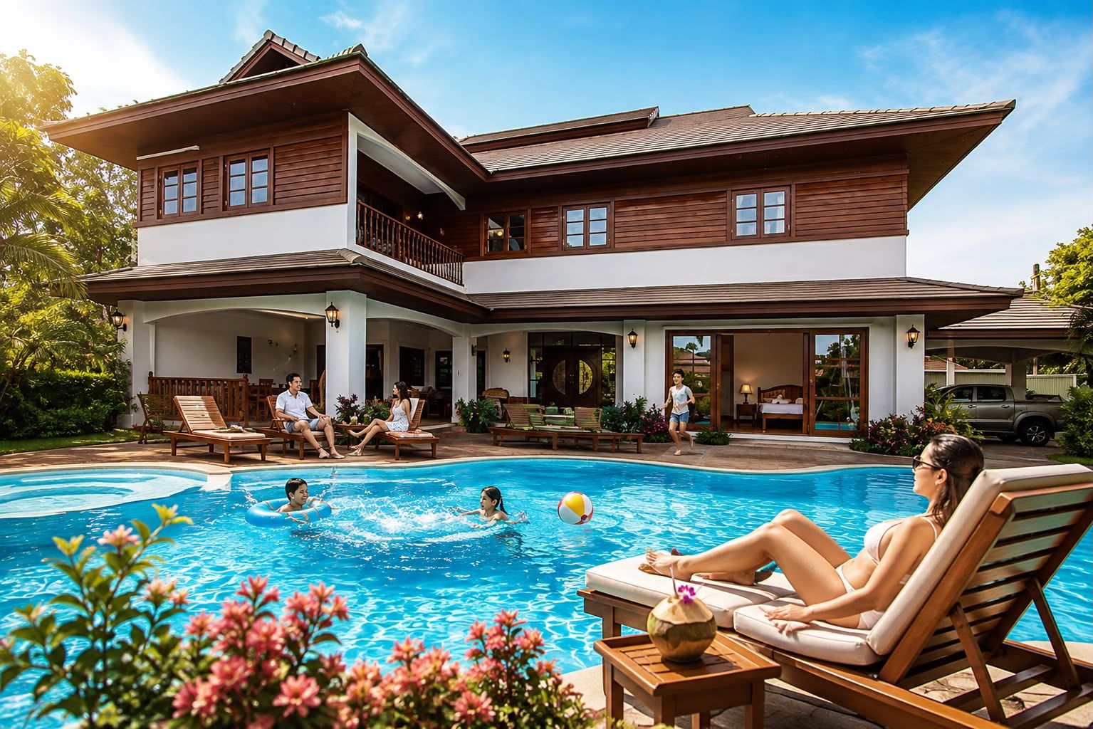 Une maison à deux étages avec une piscine, un espace salon extérieur et un véhicule garé devant.