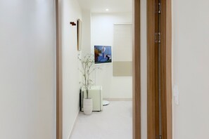 Un pasillo con una puerta, un cuadro en la pared, una planta en maceta y un radiador.