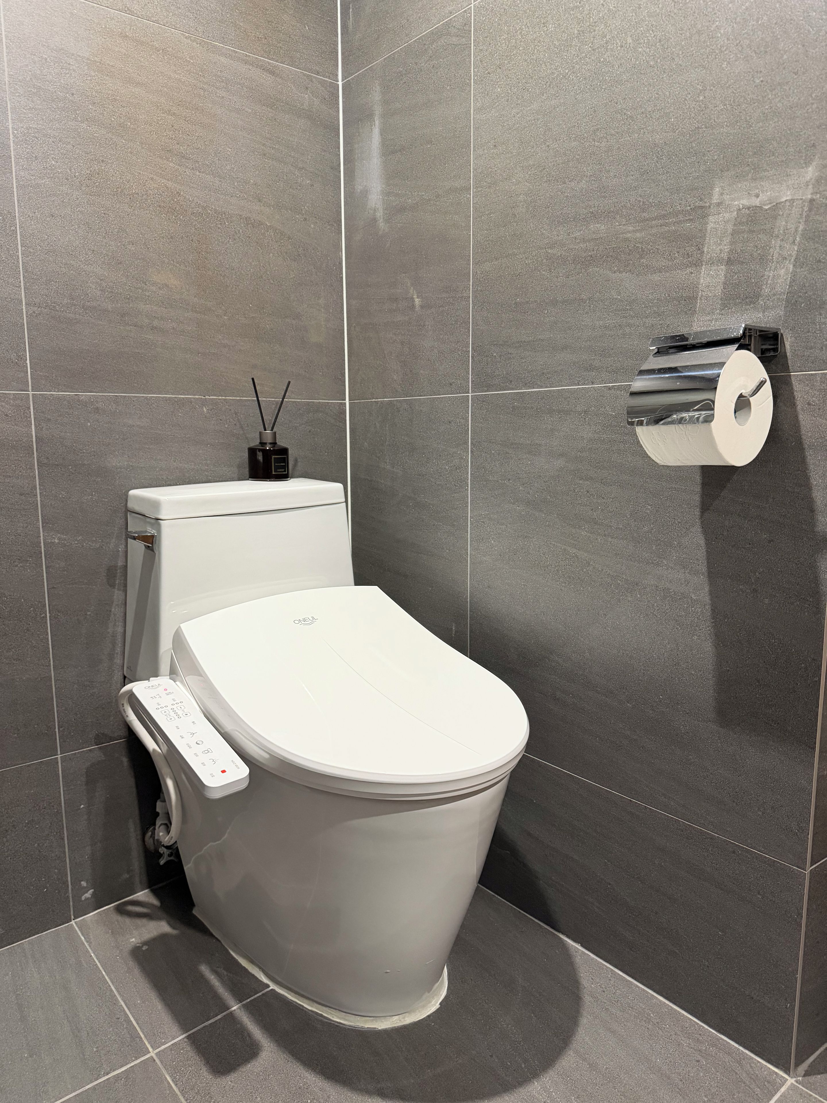 Eine moderne Toilette mit Bedienfeld, Toilettenpapierhalter und einem kleinen Behälter mit Strohhalm.
