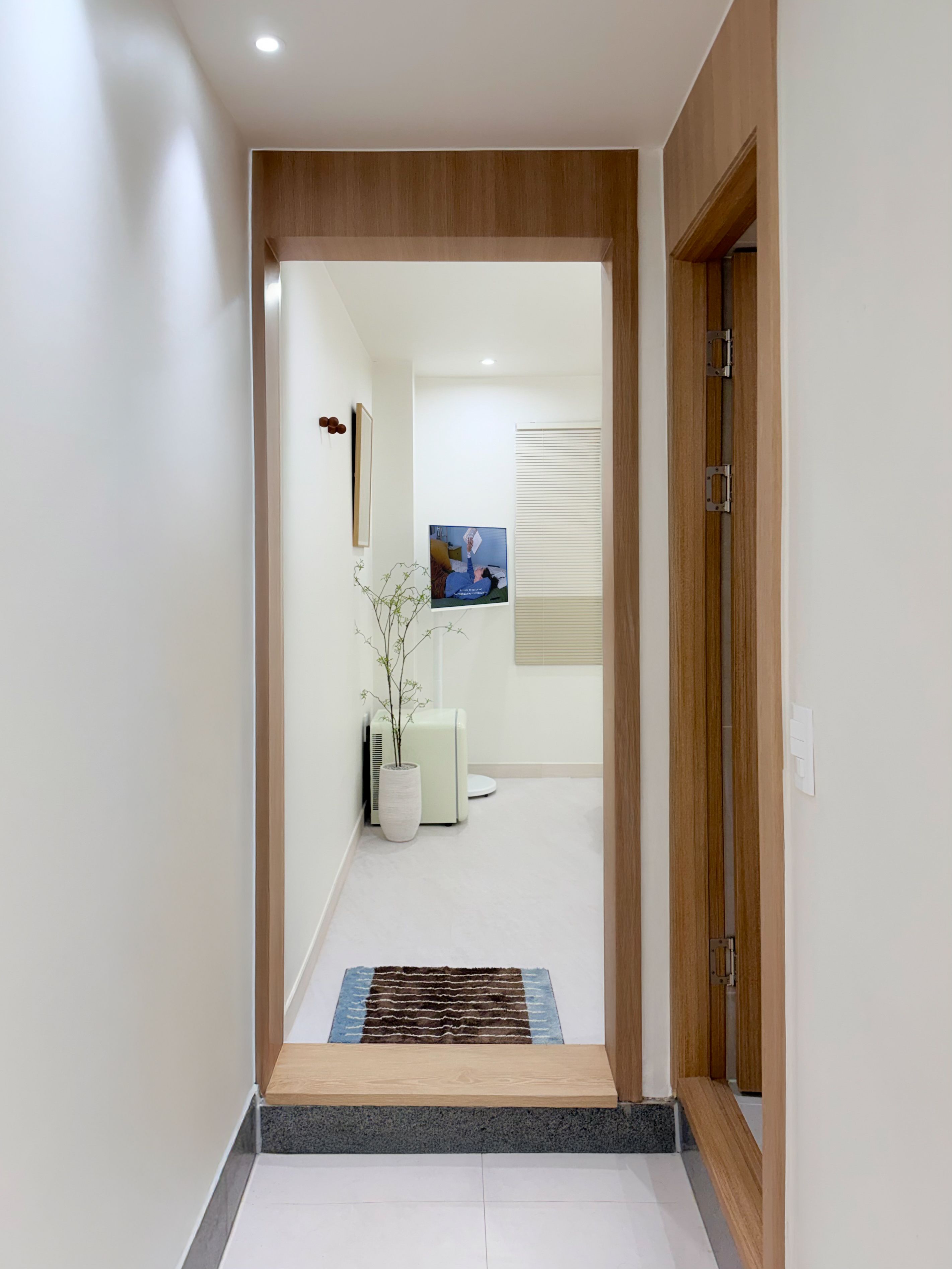 A hallway with a wooden door frame, a white wall, a framed picture, a potted plant, and a small rug.