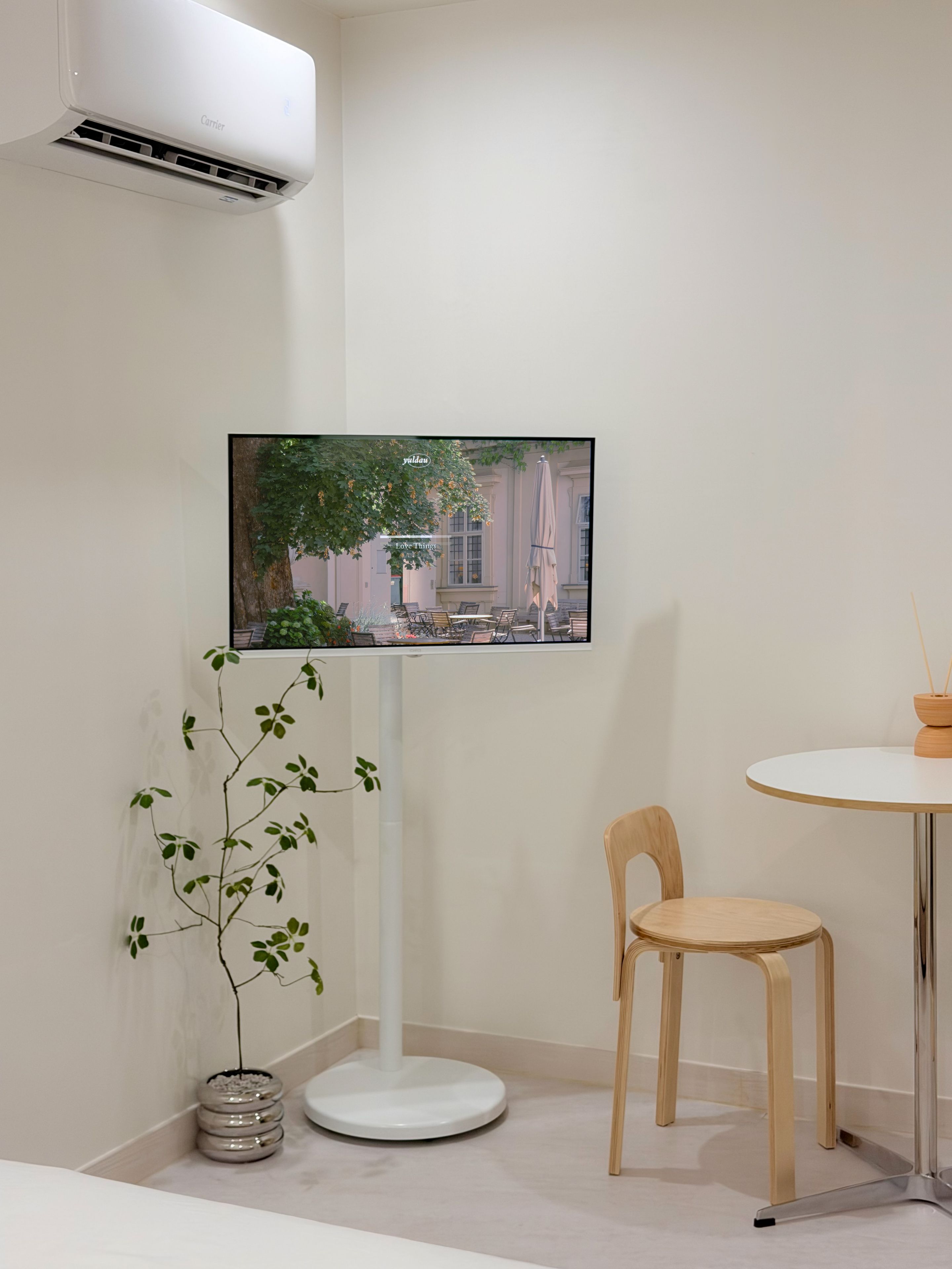 Une chambre moderne avec un téléviseur à écran plat fixé sur un meuble blanc, une table ronde avec une chaise et une plante en pot.