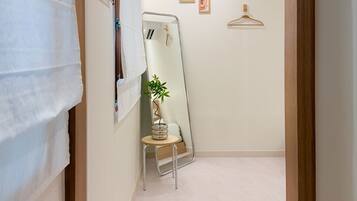 A hallway with a mirror, a small table with a plant, and a hanging garment rack.