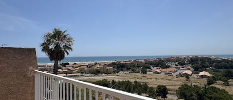 A balcony with a view of a coastal town, including buildings and a palm tree.