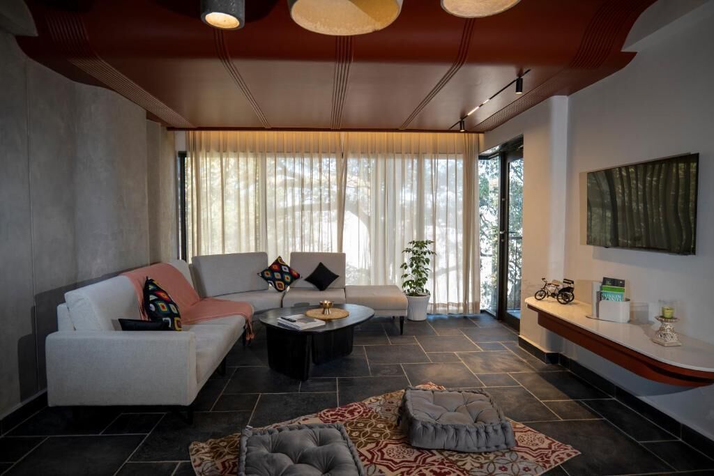 A modern living room with a sofa, coffee table, and a rug. There is a plant and a shelf with items on it.