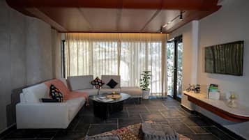A modern living room with a sofa, coffee table, and a rug. There is a plant and a shelf with items on it.