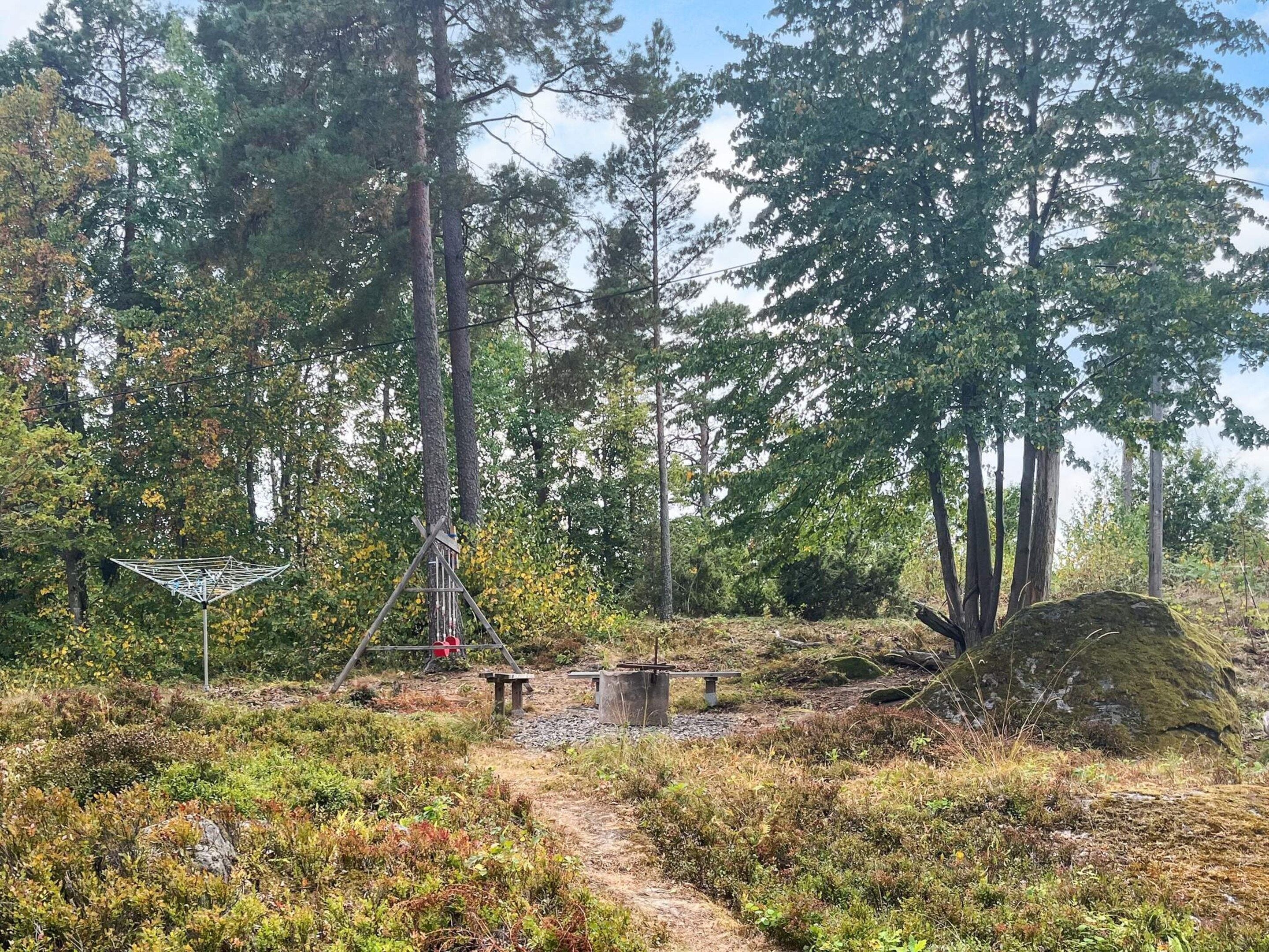 A forested area with a metal structure, possibly a bridge or walkway, and a bench.