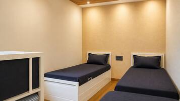 A small, compact room with two single beds, a built-in TV, and a wooden ceiling.