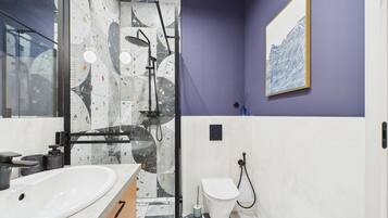 Shower, hair dryer, bidet, towels