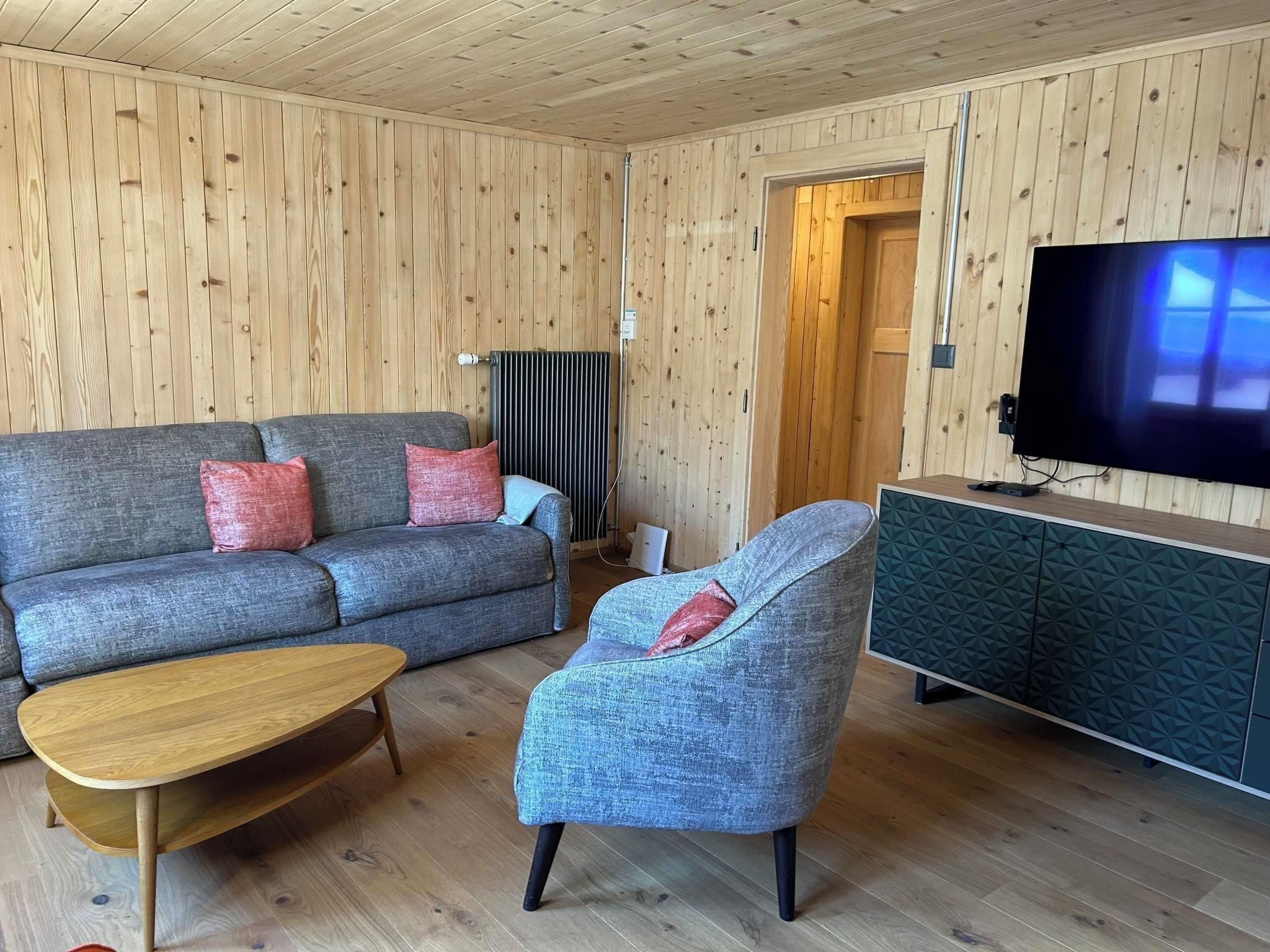 Una habitació amb panells de fusta, un sofà gris, un armari blau, una taula de centre de fusta i un televisor sobre un suport.