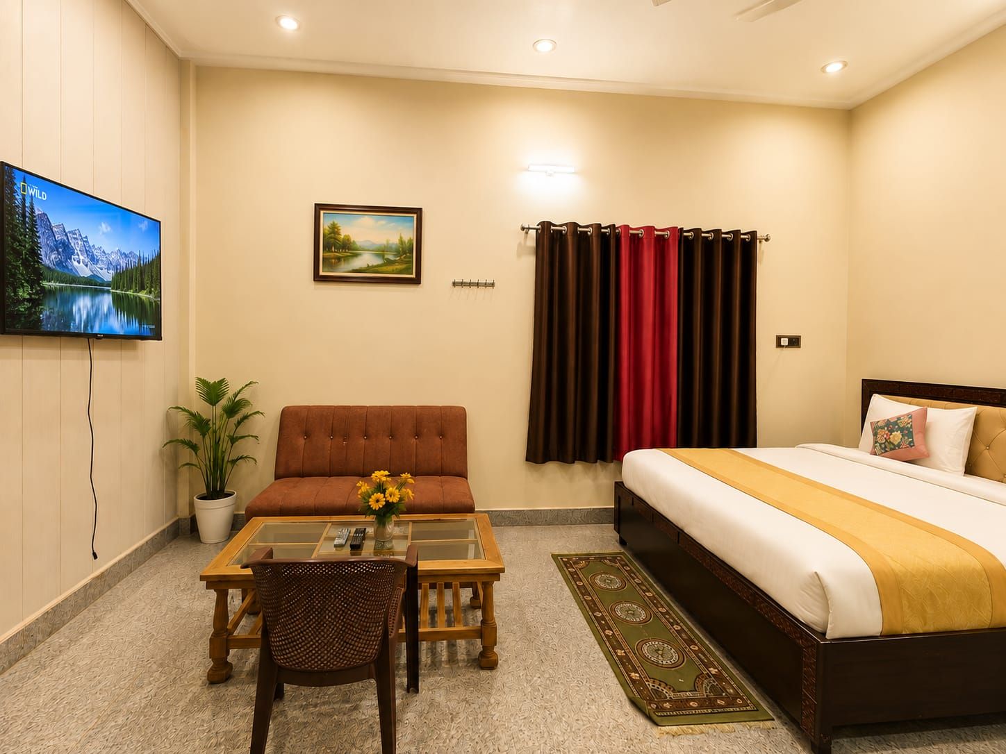 A hotel room with a bed, a sofa, a TV, a painting, and a window with curtains.