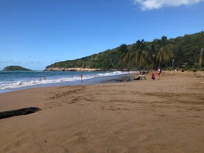 Una playa con cielos despejados, agua tranquila y una orilla arenosa.