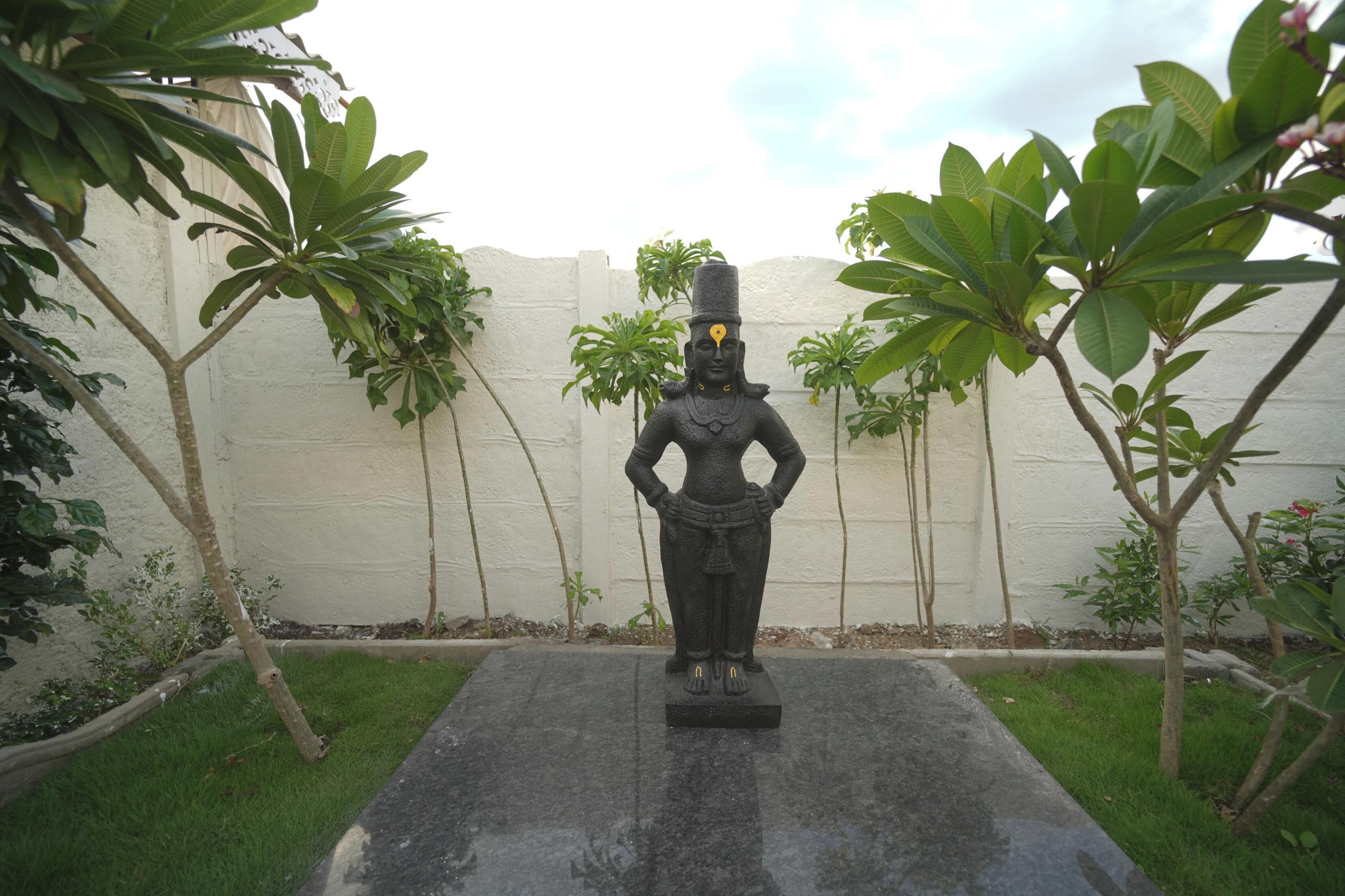 A statue in a garden with a white wall in the background.