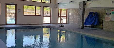 A swimming pool with clear water, large windows, and a stone wall.