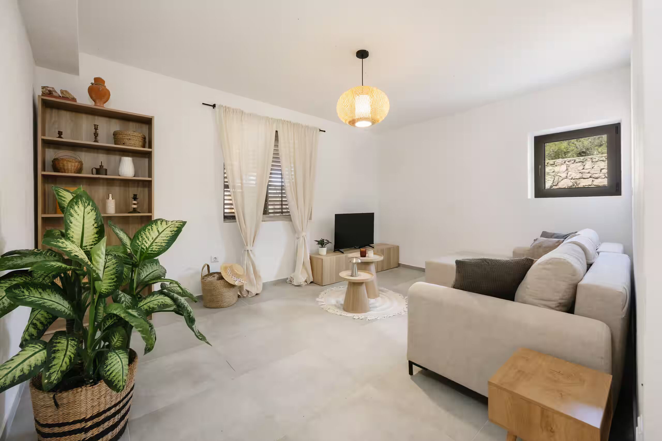 Una sala de estar con un sofá, televisión, planta y lámpara colgante.
