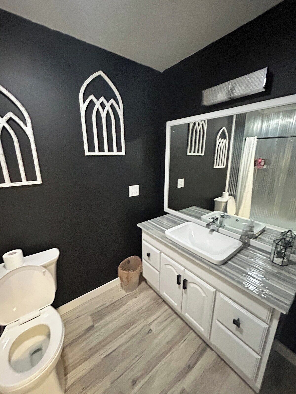 A bathroom with a white toilet, a white sink, and a mirror above the sink.