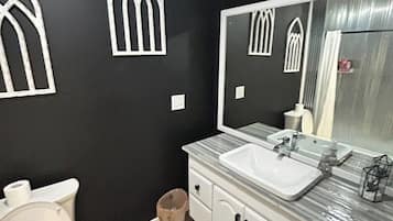 A bathroom with a white toilet, a white sink, and a mirror above the sink.