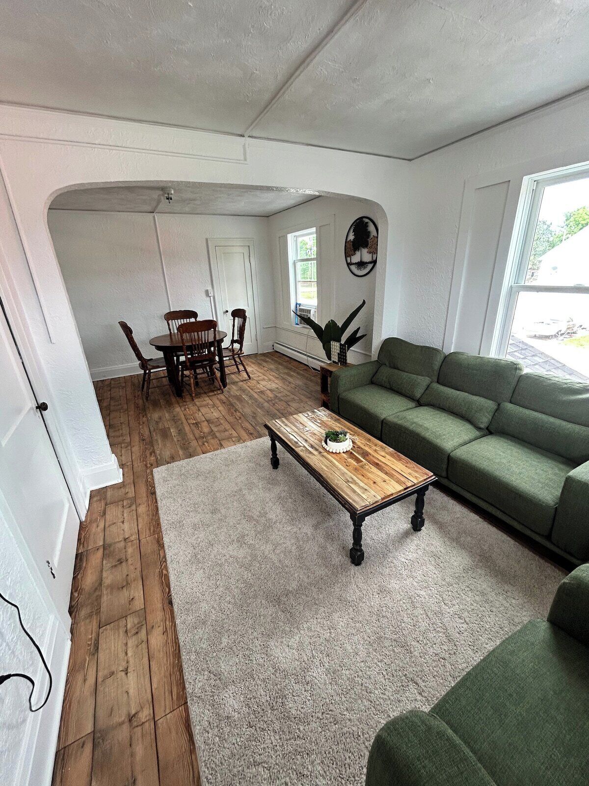 A living room with a green sofa, a wooden coffee table, a dining table with chairs, and a view of the outdoors through a window.