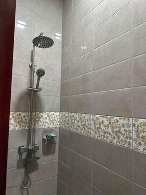 Eine Dusche mit Handbrause und einer fest installierten Bedienfeld.