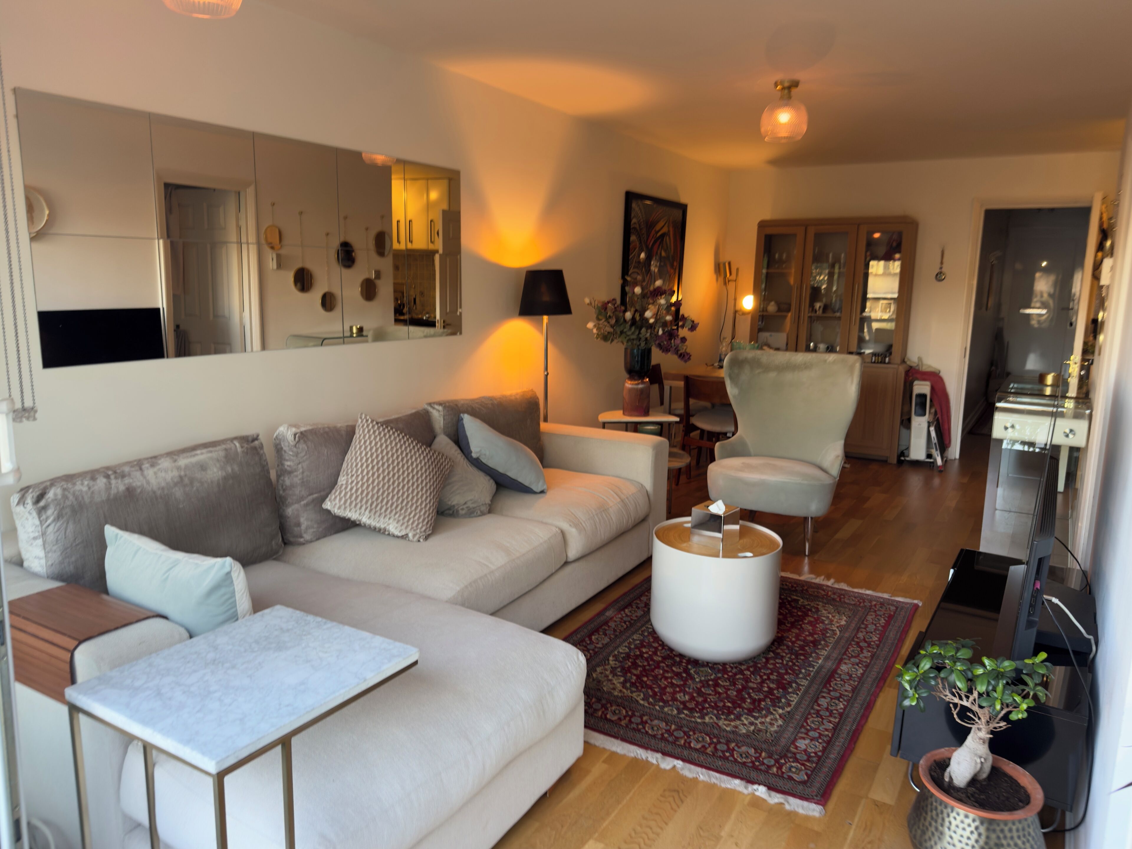 A modern living room with a sofa, coffee table, and a potted plant.