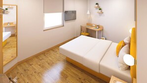 A bedroom with a bed, a desk, a chair, a television, and a window.