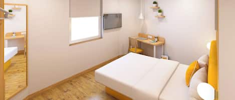 A bedroom with a bed, a desk, a chair, a television, and a window.