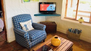 A living room with a plaid armchair, a television on a stand, a window with blinds, a vase on a table, and a painting on the wall.