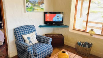 Una sala de estar con un sillón a cuadros, un televisor sobre un mueble bajo, una ventana con persianas, un florero sobre una mesa y un cuadro en la pared.