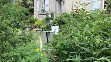 Une maison avec un jardin, une fenêtre avec des volets et une porte.