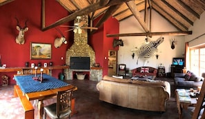 Un interno rustico con camino in pietra, soffitto in legno e un murale raffigurante una zebra.