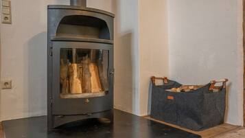 A wood-burning stove with a glass door, a storage basket for firewood, and a power outlet on the wall.