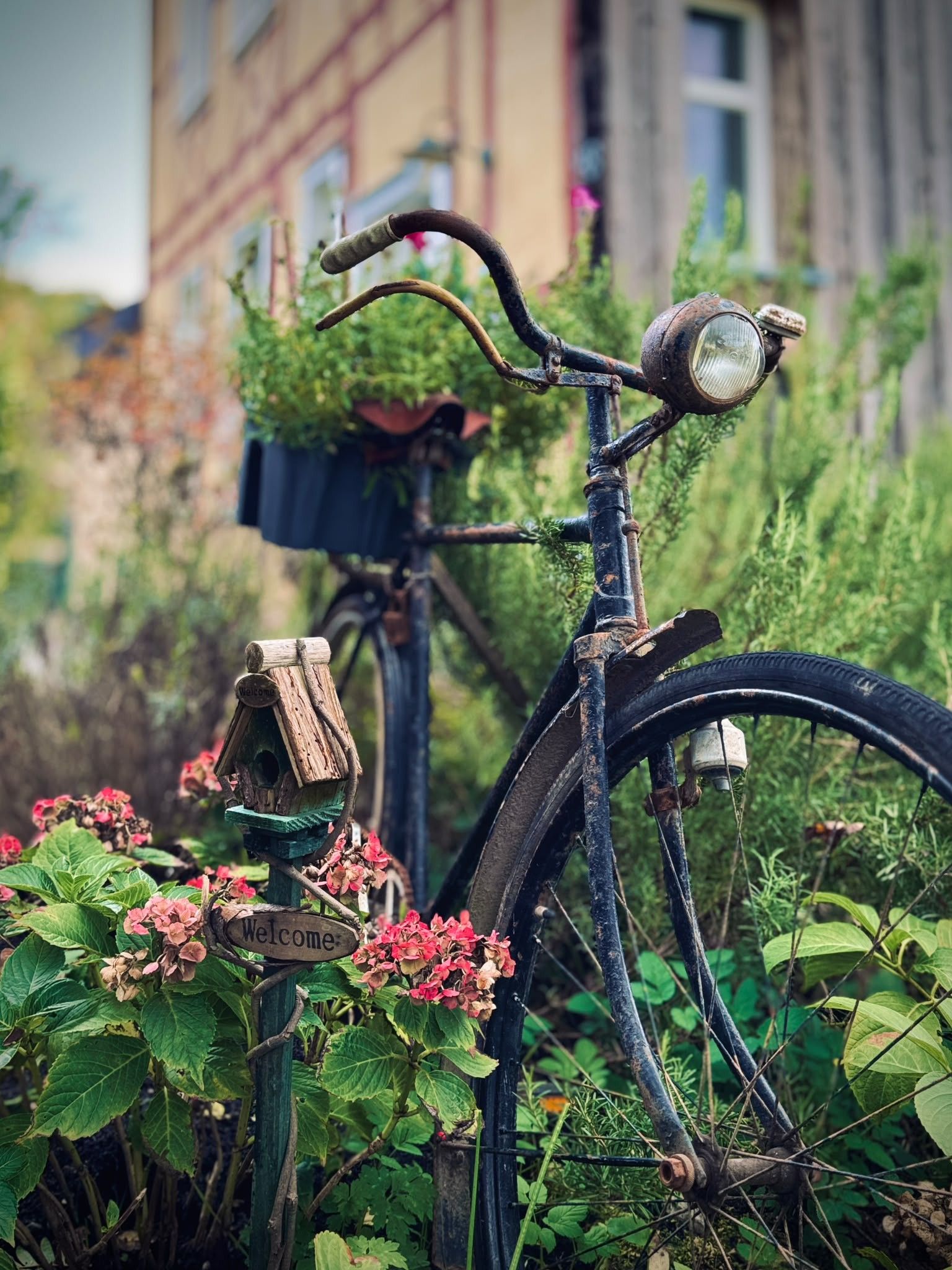 A vintage bicycle with a headlight and a wooden sign that reads 'Welcome.'