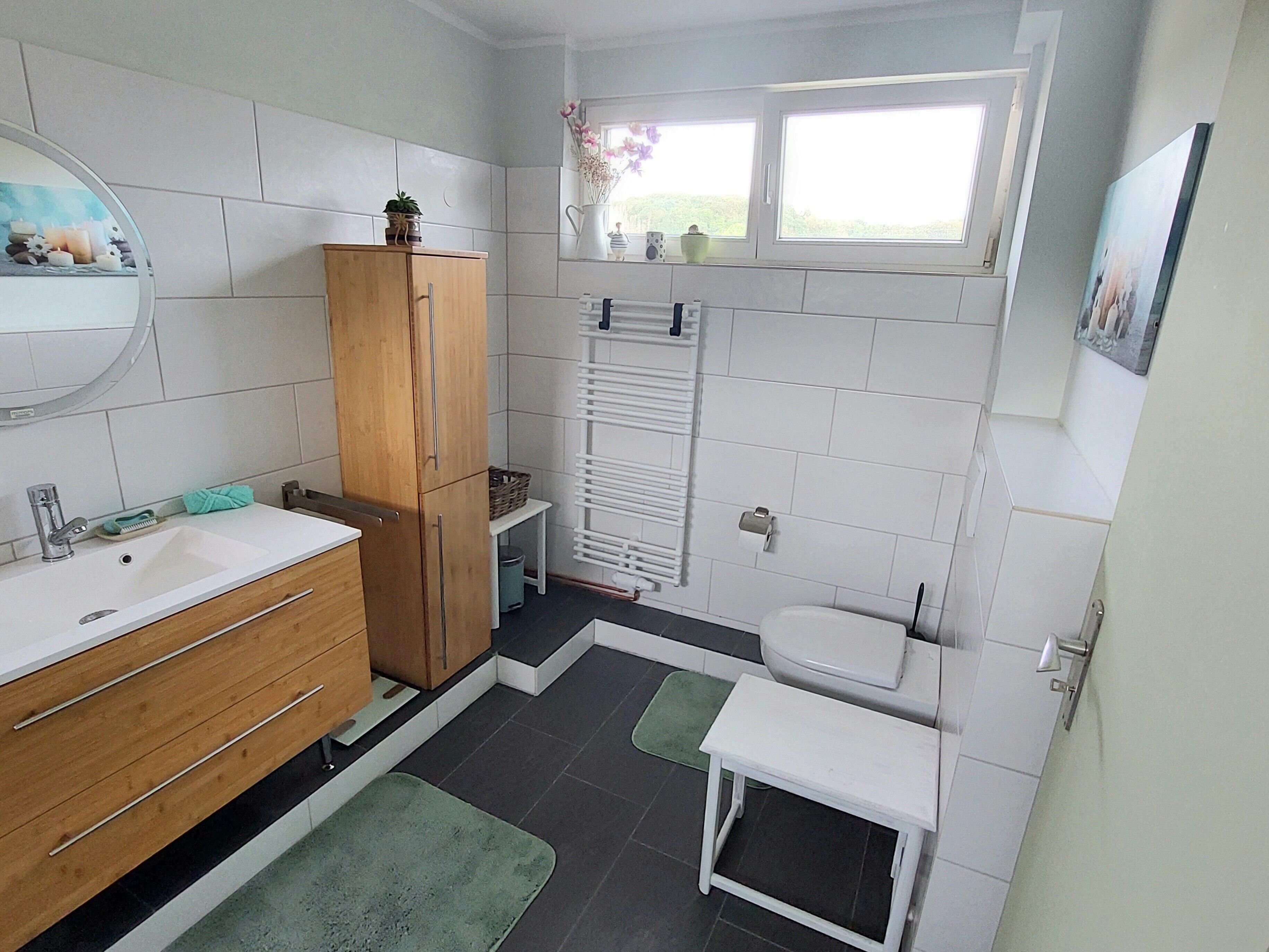 Shower, hair dryer, towels