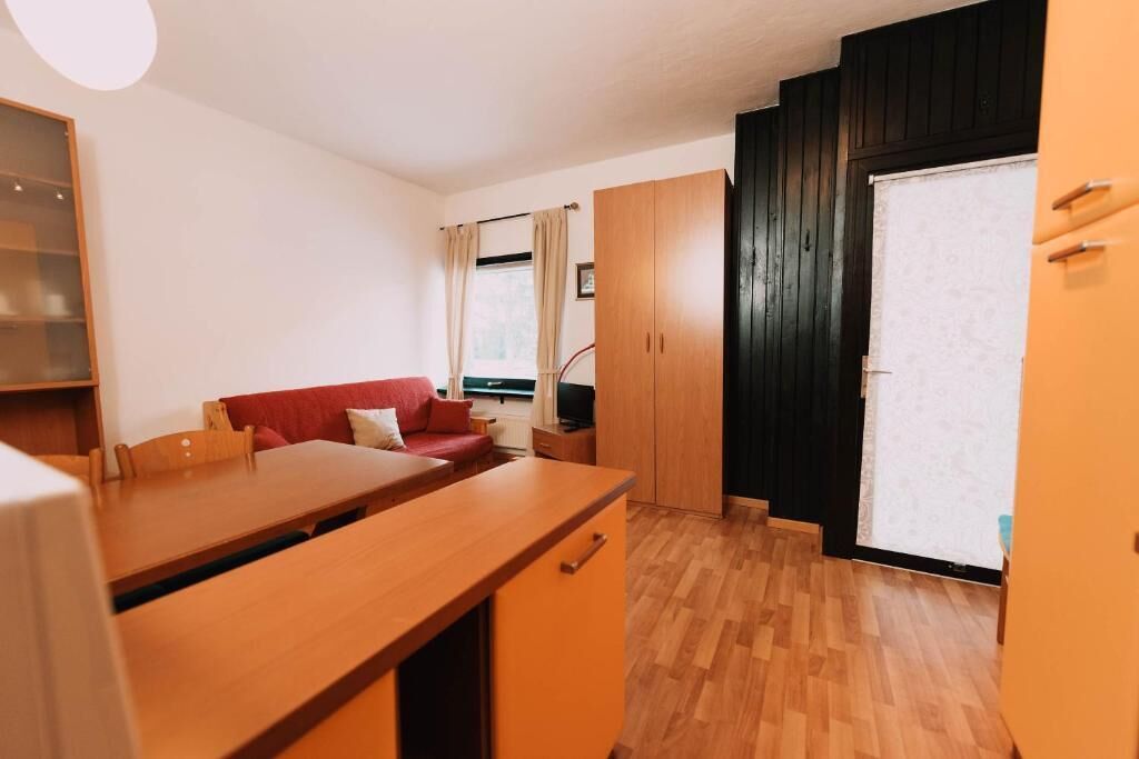 A compact living space with a kitchenette, a red sofa, wooden cabinets, and a sliding door.