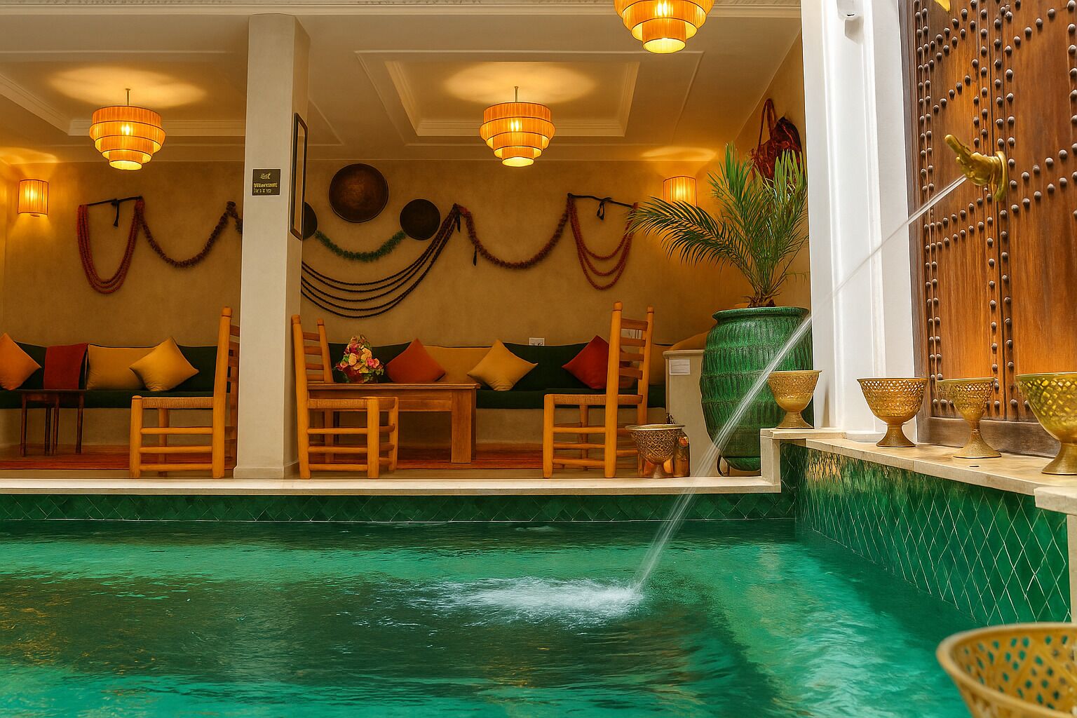 Un área junto a la piscina con un espacio de descanso, una fuente de agua y detalles decorativos.