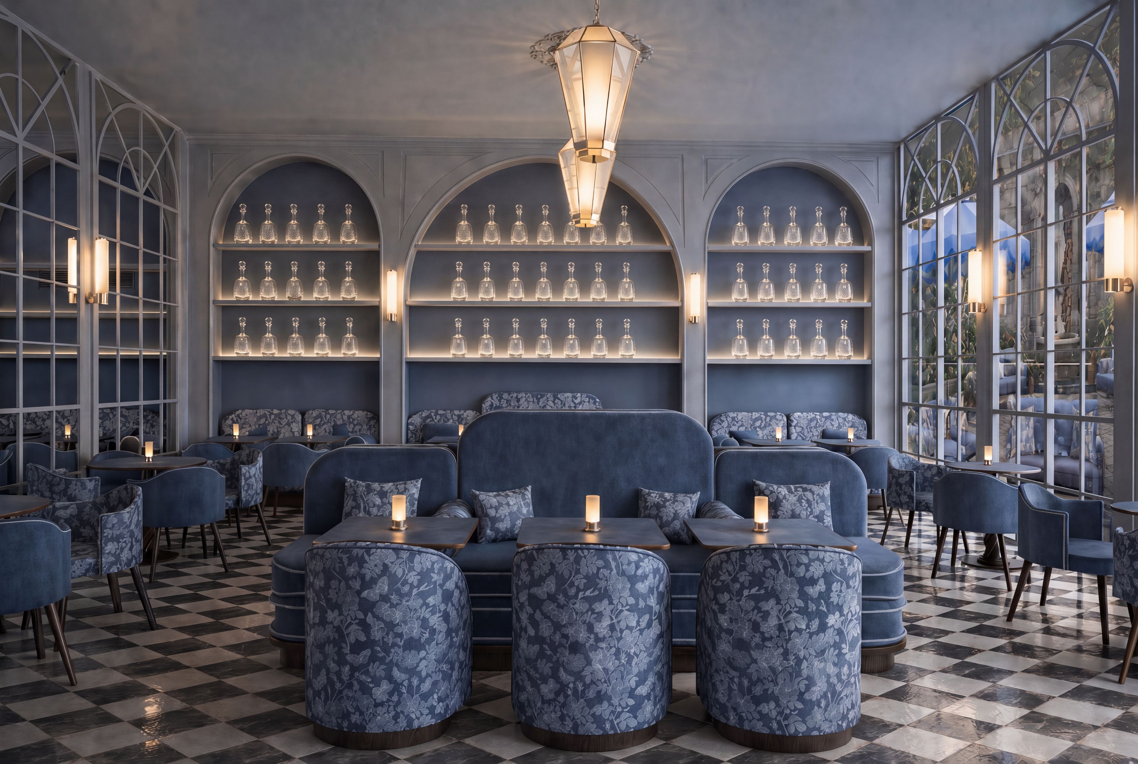 Interior de restaurante con suelo a cuadros, asientos tapizados en azul y una pared de decantadores de cristal.